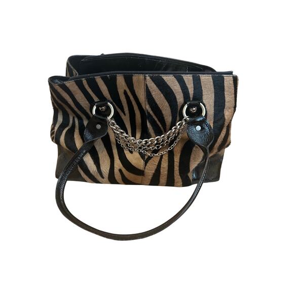Roberta Gandolfi Leather Bag Patent Zippered Large Zebra Hair Purse Black Brown - Picture 1 of 11